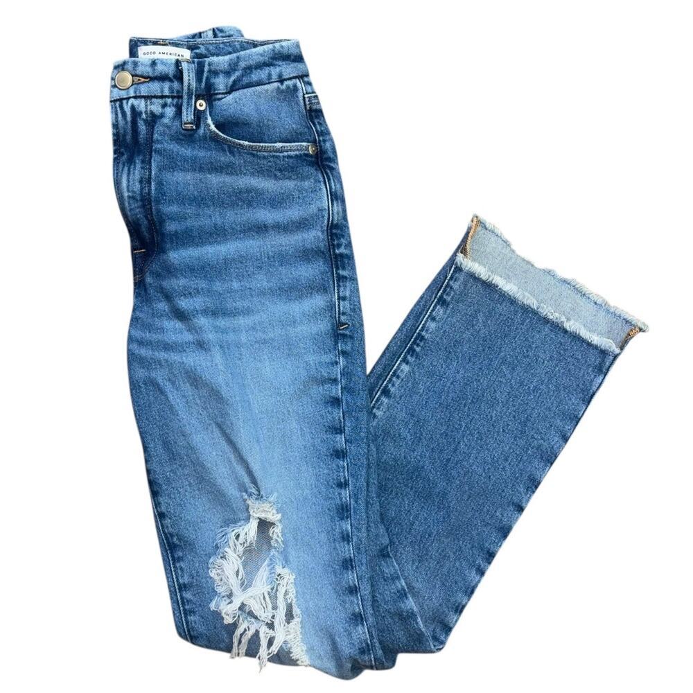 Good American Good Leg Jeans Straight Leg Distressed Denim Women’s 24 Classic